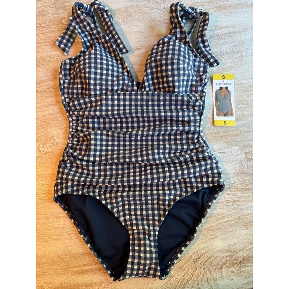 Ellen Tracy Other - NWT Size Small Ellen Tracy One Piece Swimsuit Navy Gingham Ruched Halter